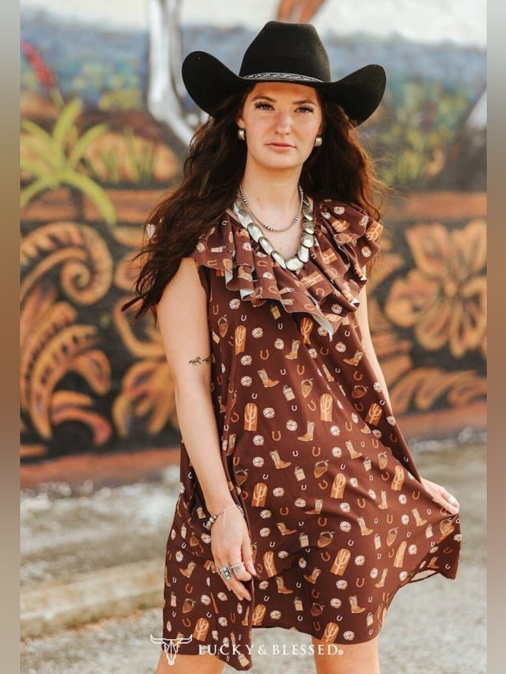 NEW LUCKY & BLESSED Brown Double Ruffle CrissCross Back Detail Side Pocket Dress